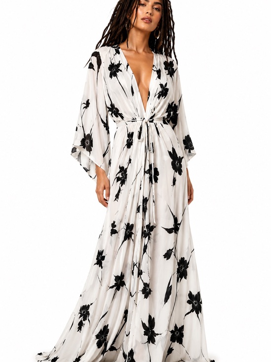 Indah Dresses & Skirts - Indah White Maxi Dress with Black Floral Print and Tie Waist